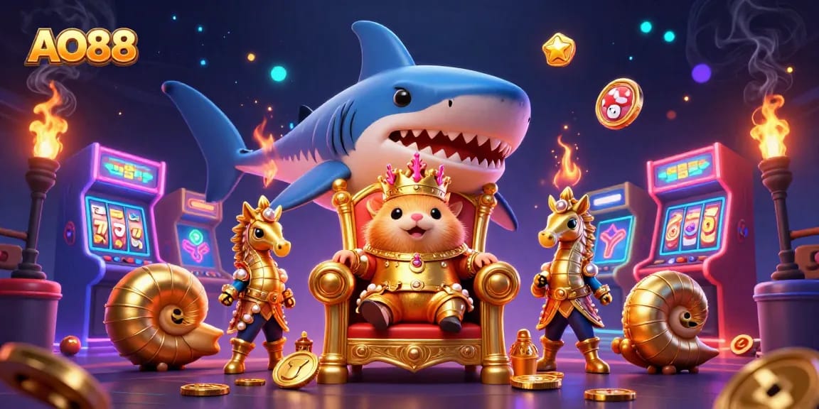 Experience the fun and excitement of AO88 as the golden hamster king claims his throne amidst dazzling casino games.