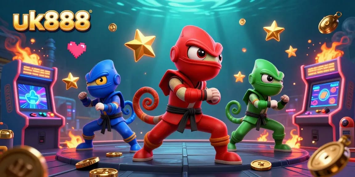 uk888 promotes thrilling gaming action with ninja chameleons in a vibrant casino arcade setting.