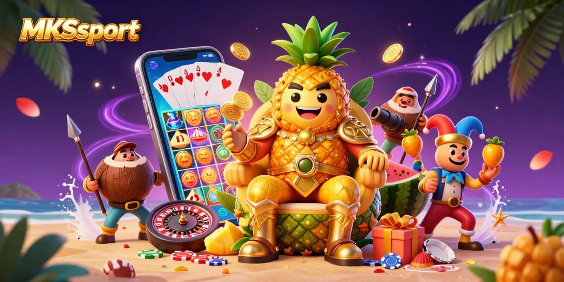 MKSport brings the thrill of casino excitement with a vibrant scene featuring a pineapple king and gaming elements.