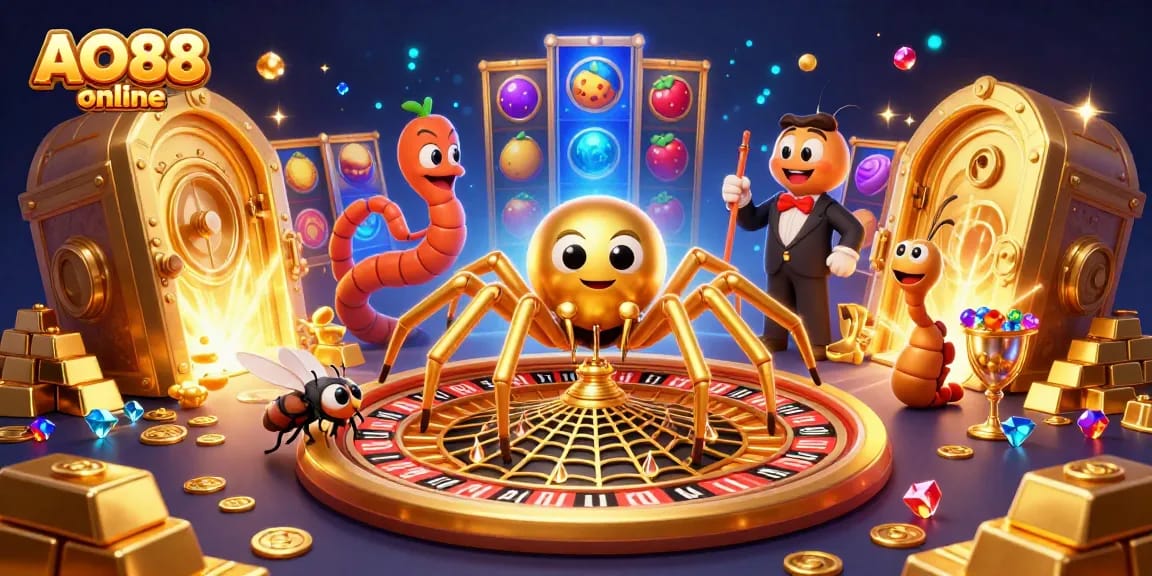 Experience the thrill of AO88 online as a golden spider spins a roulette wheel web while a fly nervously bets.