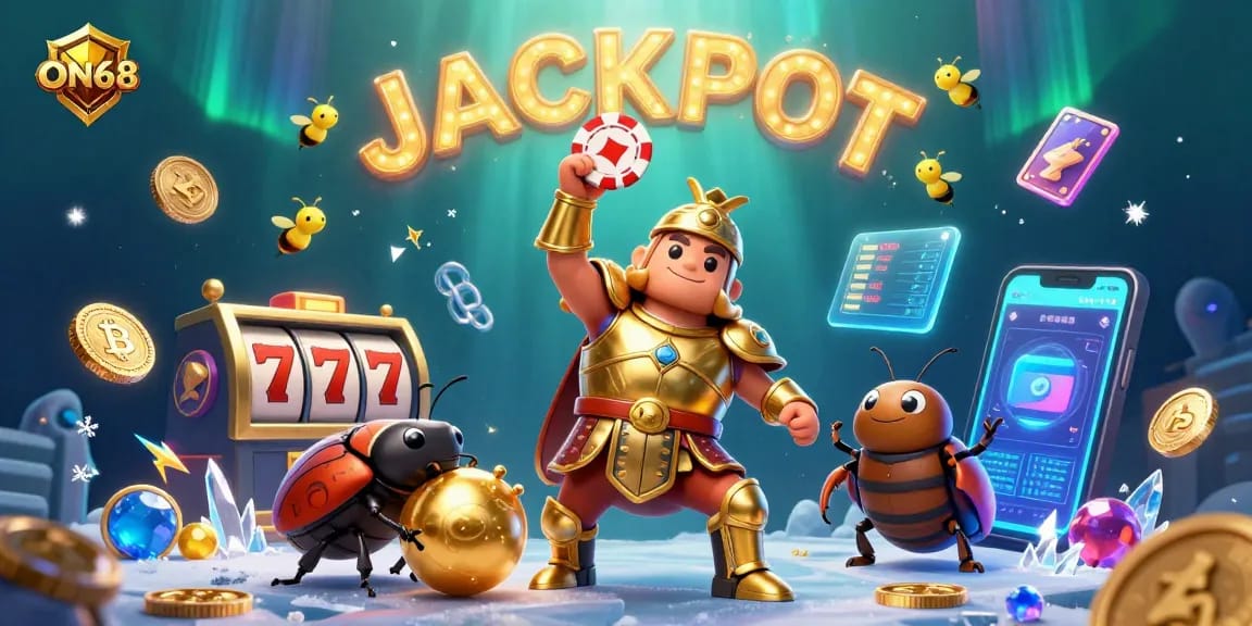 Experience the thrill of ON68 with a vibrant 3D scene showcasing a victorious beetle and dynamic casino elements.