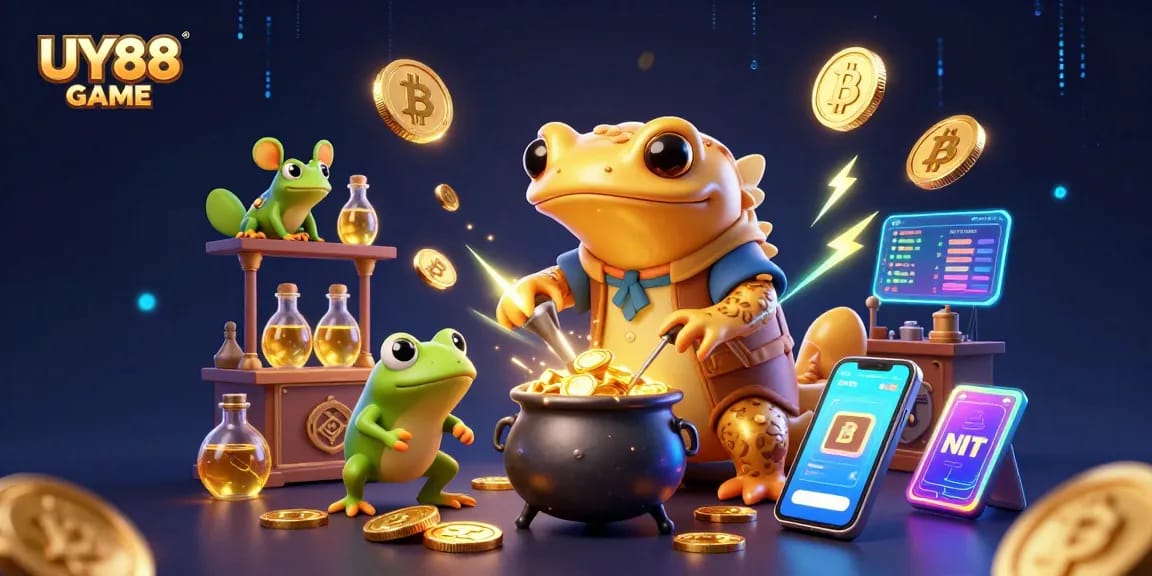 Play UY88 GAME with a golden alchemist in a rich, dynamic casino scene full of treasures.