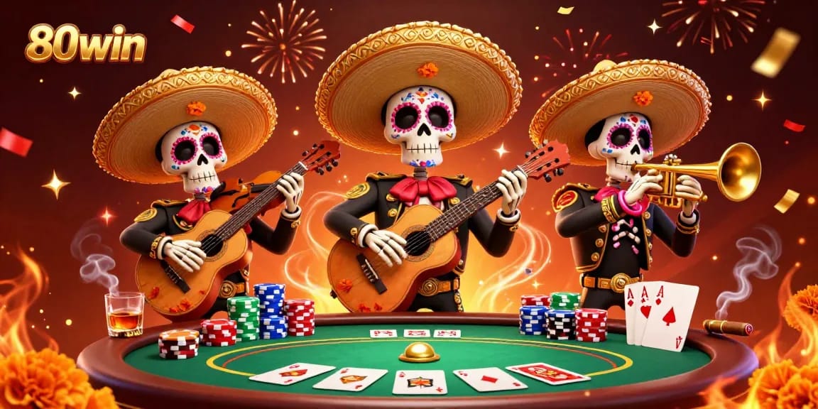 Experience the excitement at 80win with a vibrant scene featuring mariachi skeletons, poker elements, and festive decorations.