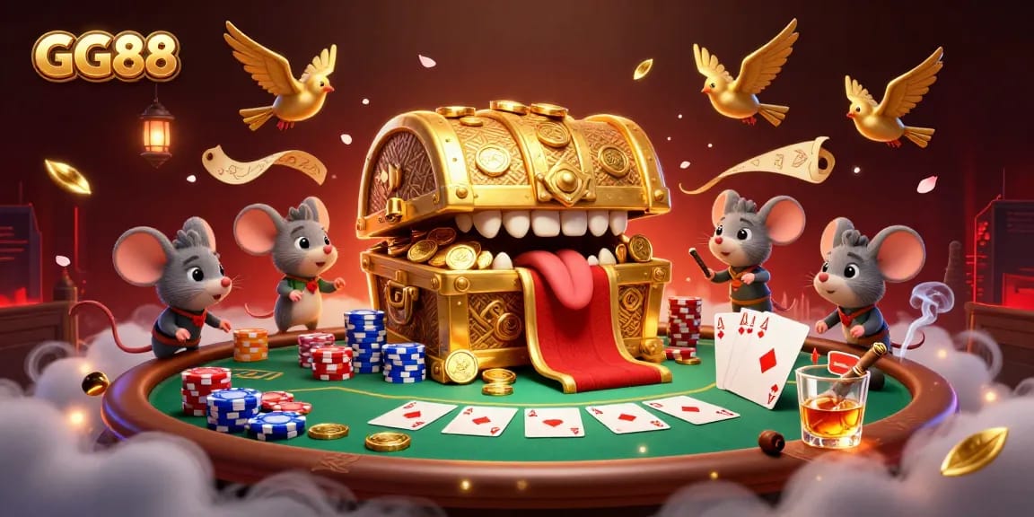 Join the adventure with GG88 at the treasure chest, featuring poker elements and casino excitement.