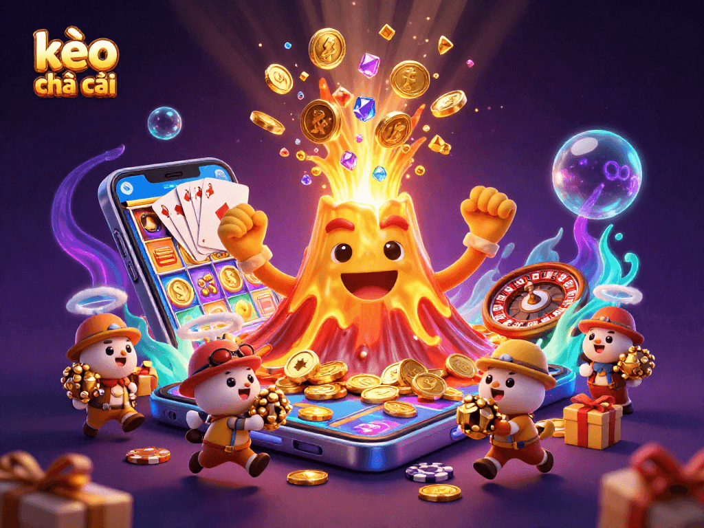 Engage with the thrilling kèo nhà cái experience as golden treasure erupts from a lively volcano in a vibrant casino scene.