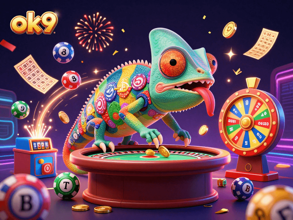 Engaging scene depicting ok9 with a colorful chameleon casino owner capturing golden coins, rich gambling elements abound.