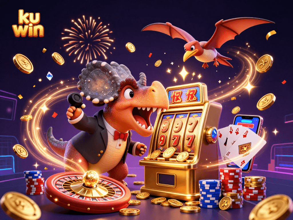 ku win slot machine scene with dinosaur characters celebrating jackpots and flying coins