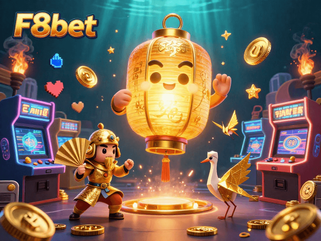 Experience thrilling gameplay with F8bet's vibrant 3D casino scene featuring golden lanterns and arcade excitement.