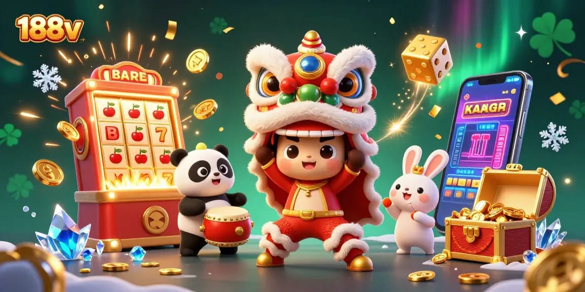 Engage with 188v in an exhilarating online casino scene featuring lively characters and jackpot excitement.