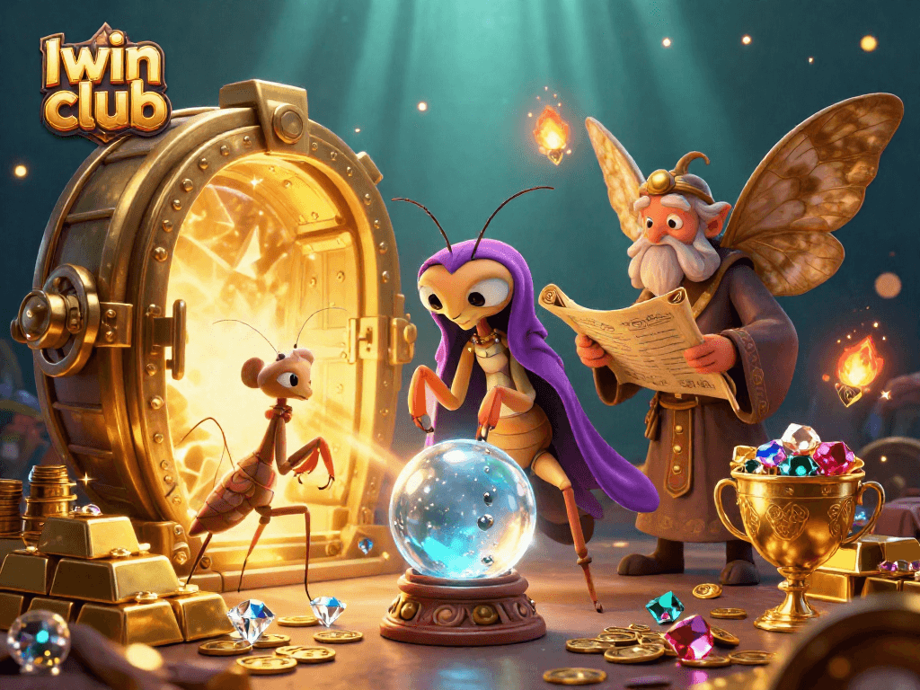 Iwin club casino characters reveal fortune and treasures in a stunning 3D casino illustration