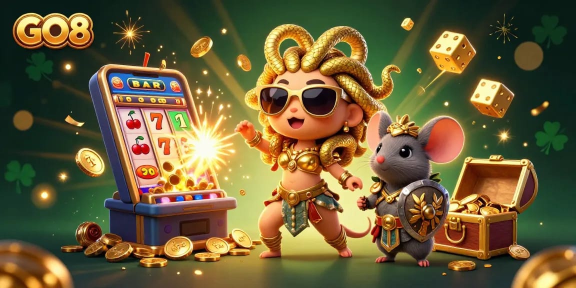 Engage with GO8's vibrant casino promotions featuring Medusa and dynamic gaming elements.