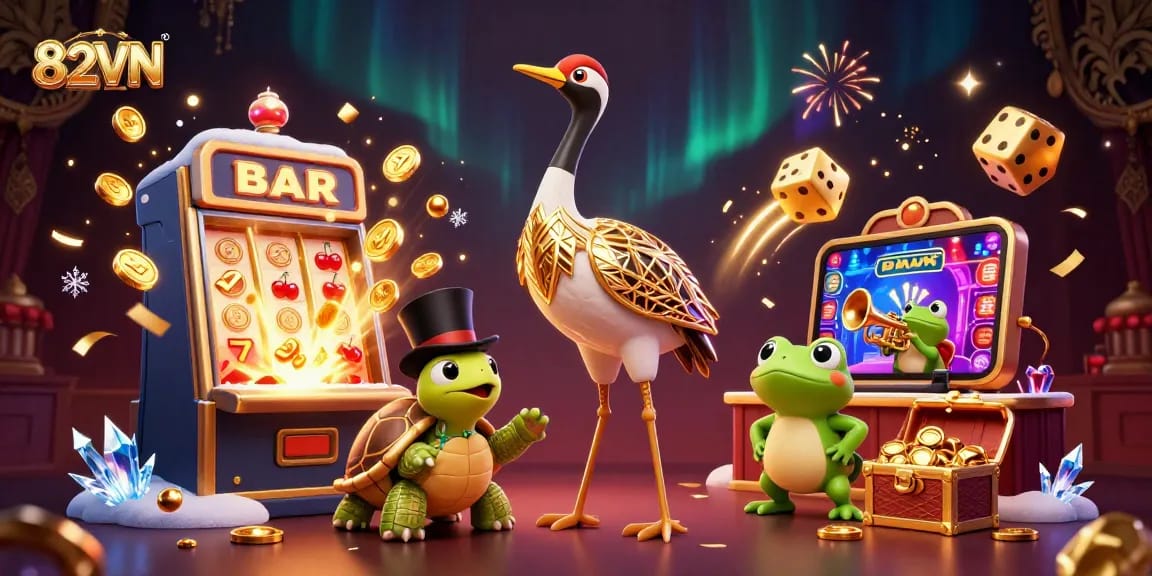 Experience 82VN's thrilling casino games with vibrant characters and action-packed symbols in this lively 3D scene.