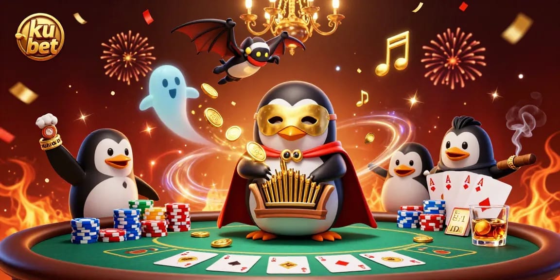 Experience the excitement of ku bet with a dynamic scene depicting a penguin playing an organ shooting golden coins amidst poker elements.