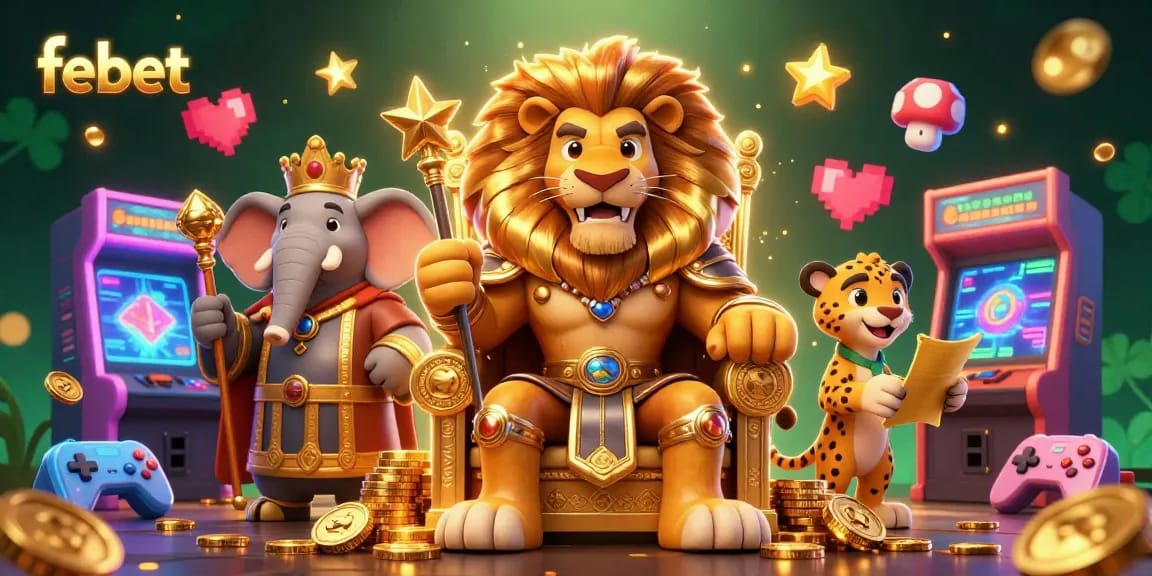 Join the excitement of febet with a vibrant 3D gambling scene showcasing games and royal characters.