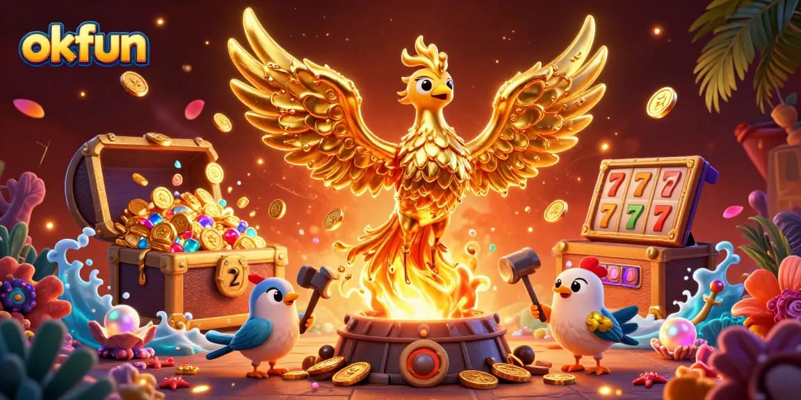 Spin to win at okfun with vibrant 3D illustration of a golden phoenix and slot reels emitting treasure.