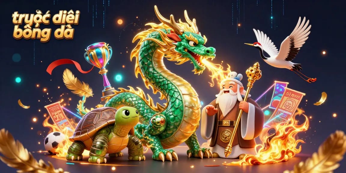 Experience trực tiếp bóng đá excitement with a vibrant 3D illustration showcasing a dragon and sports elements.