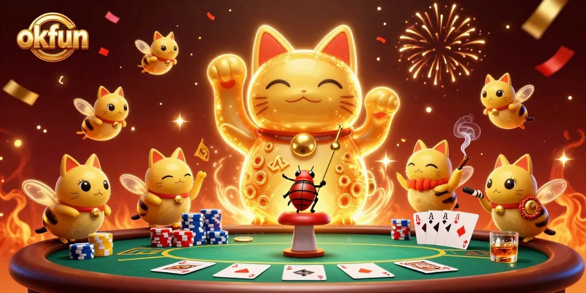 Experience thrilling moments with okfun as golden fireflies form a lucky cat surrounded by poker elements.