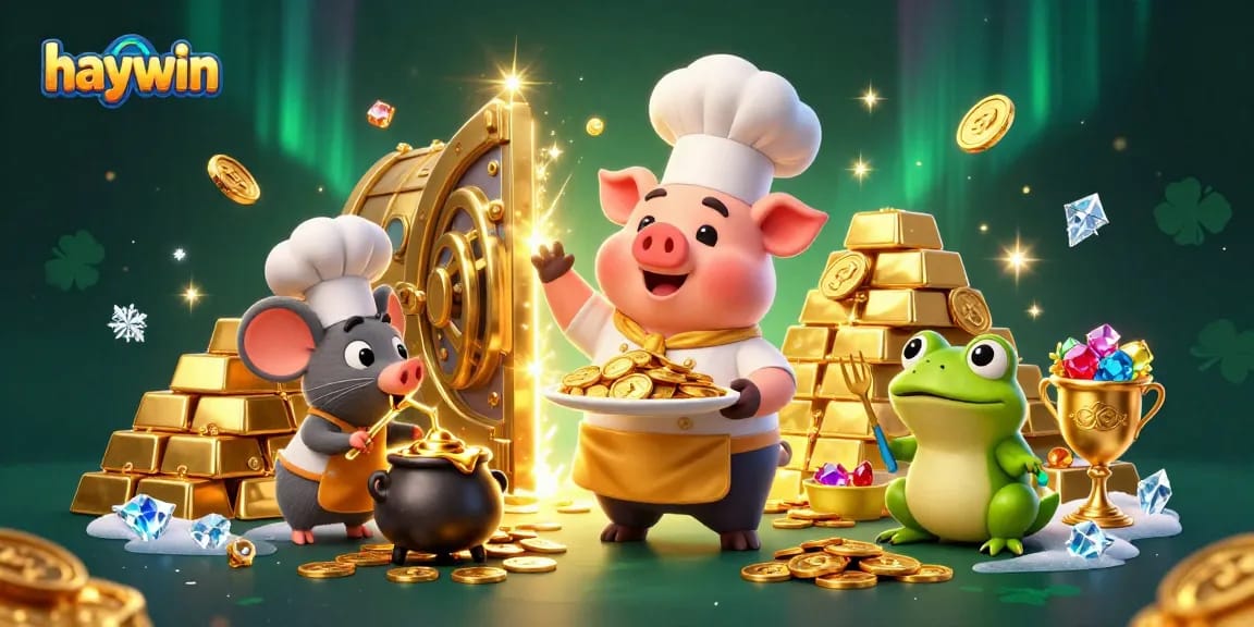 Experience the thrill of winning at haywin with a 3D cartoon illustration of a chef pig, sous-chef mouse, and critic frog among gold coins and treasures.