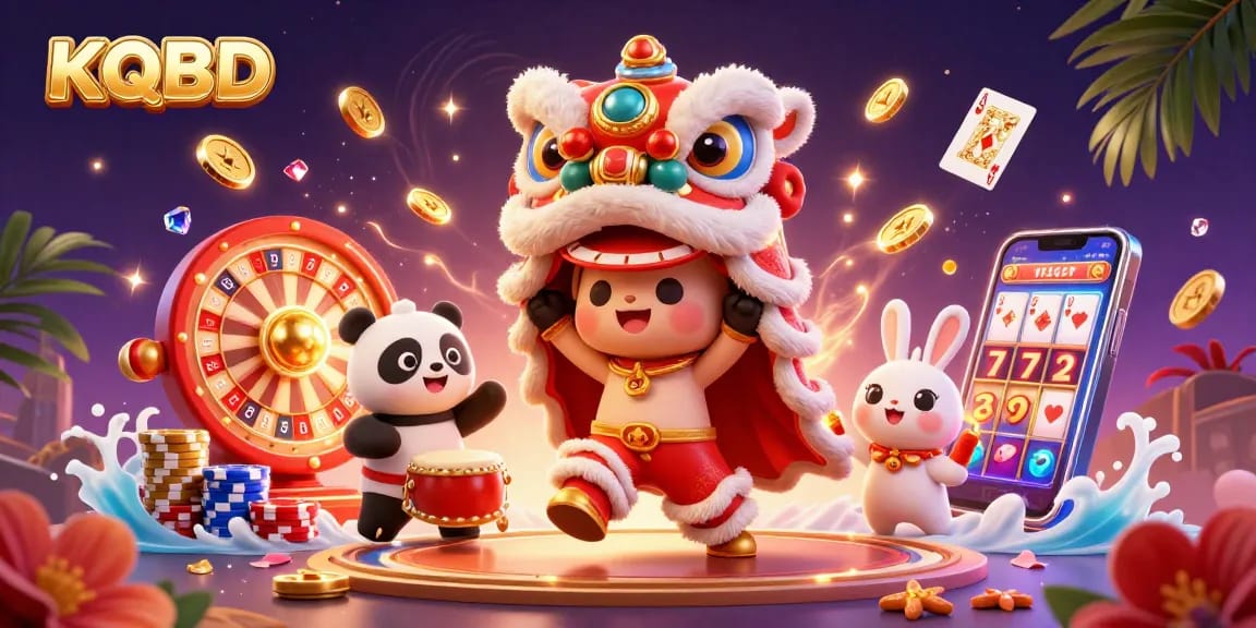 KQBD showcases live sports betting action with a vibrant 3D illustration featuring a lion dance, drumming panda, and overflowing coins.