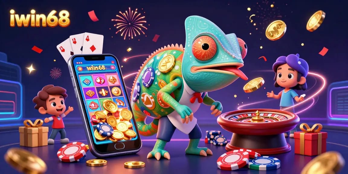 Engage with iwin68's thrilling casino experience featuring a vibrant chameleon owner amidst exciting game elements.