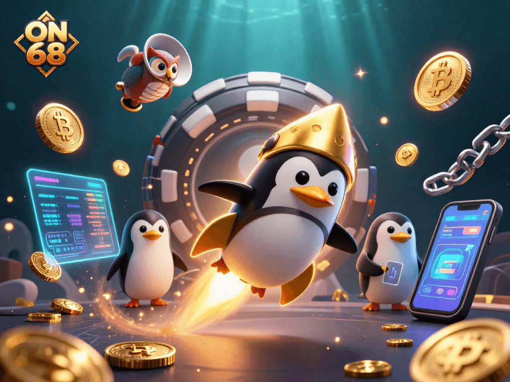 Experience the thrill of ON 68 with a golden penguin racing through space towards a casino station.