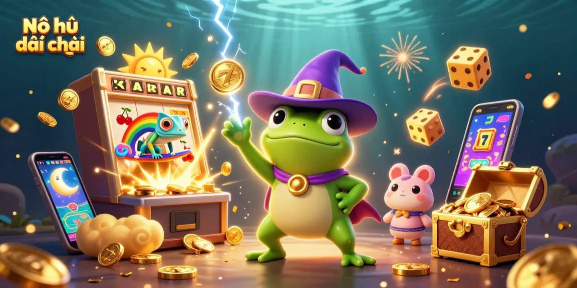 Nổ hũ đại phát tài showcases a colorful 3D casino scene with magical elements and jackpot excitement