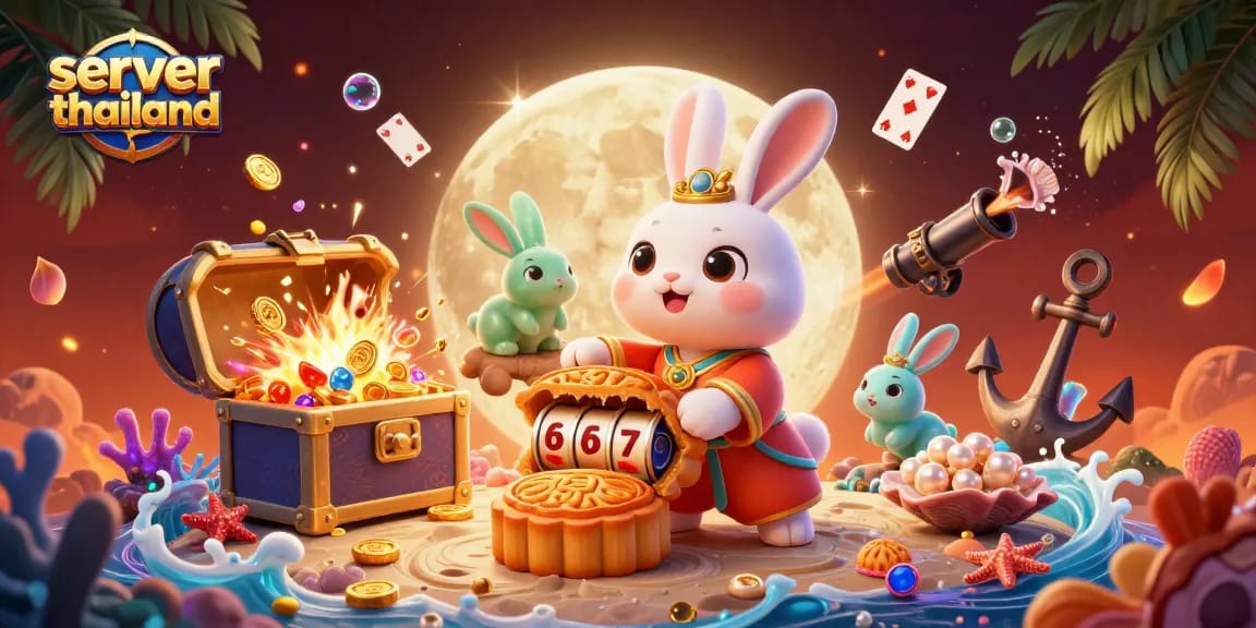Engage with server thailand gaming experience featuring a moon rabbit revealing jackpot reels from golden mooncakes.