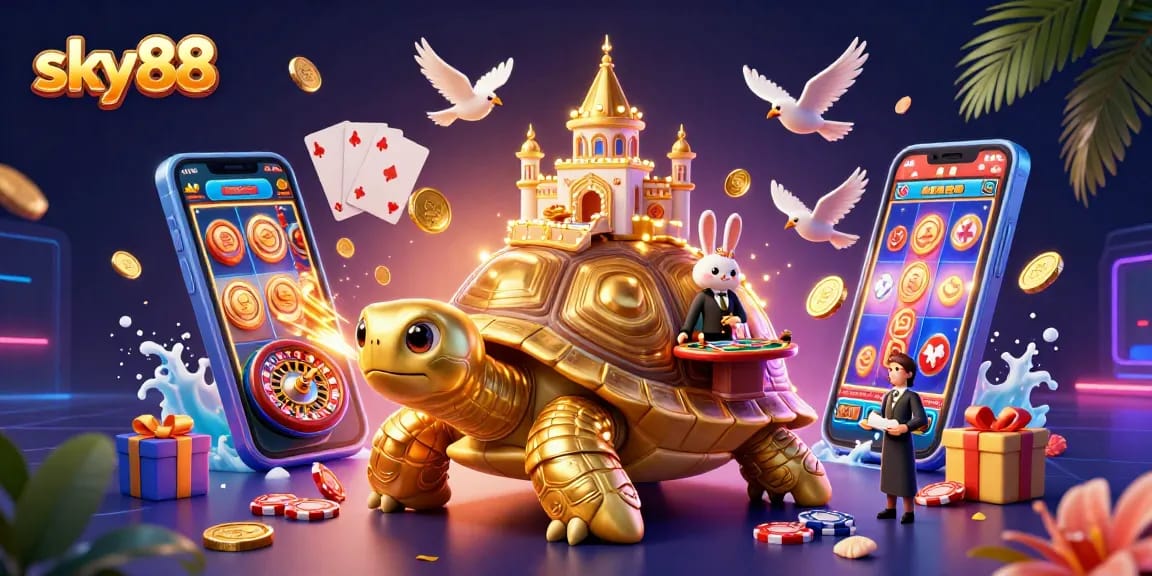 Experience thrilling gameplay at sky88 with a golden tortoise casino scene filled with vibrant game elements.
