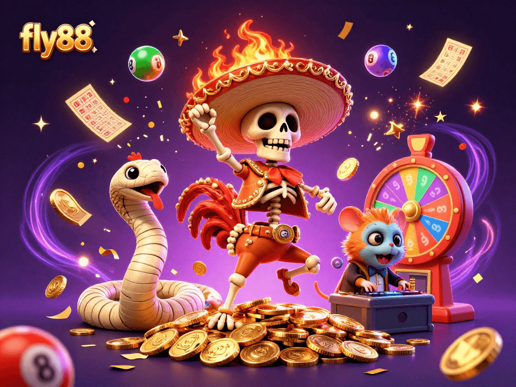 Experience thrilling wins at fly88 with games and golden coins galore in this vibrant illustration.