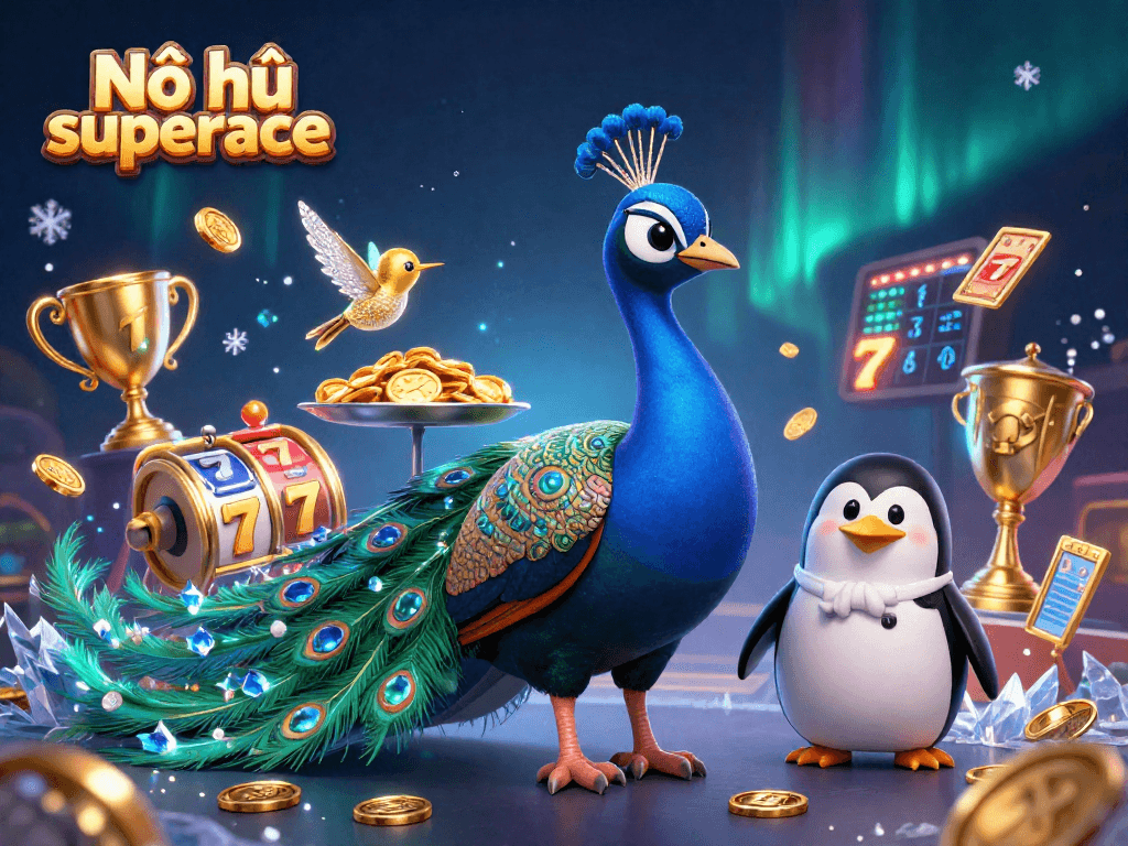 Nổ hũ superace players spinning slots with a vibrant peacock and golden elements.