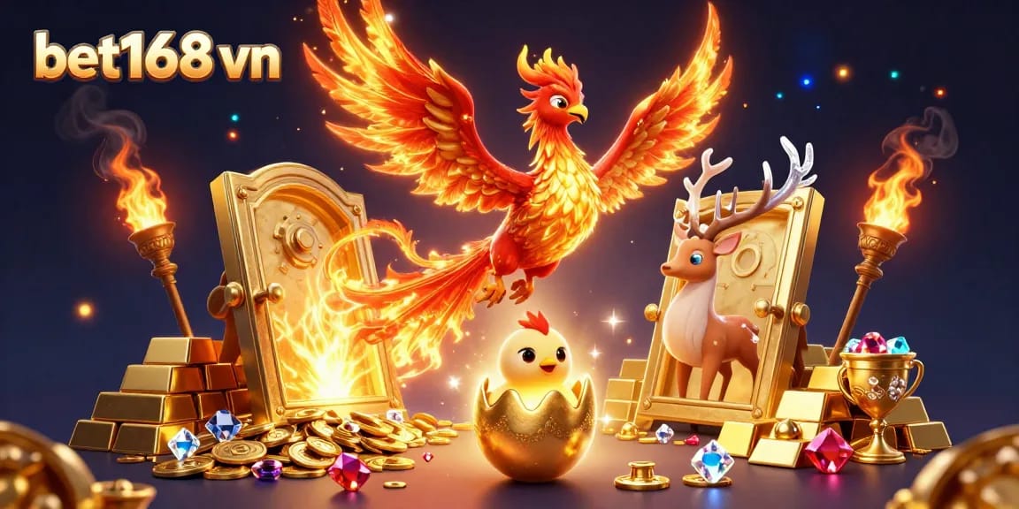Experience the magic of bet168 vn with a phoenix soaring and treasures exploding in gold.