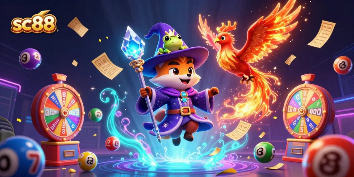 Engage with sc88's thrilling lottery visuals featuring a wizard, phoenix, and vibrant game elements.