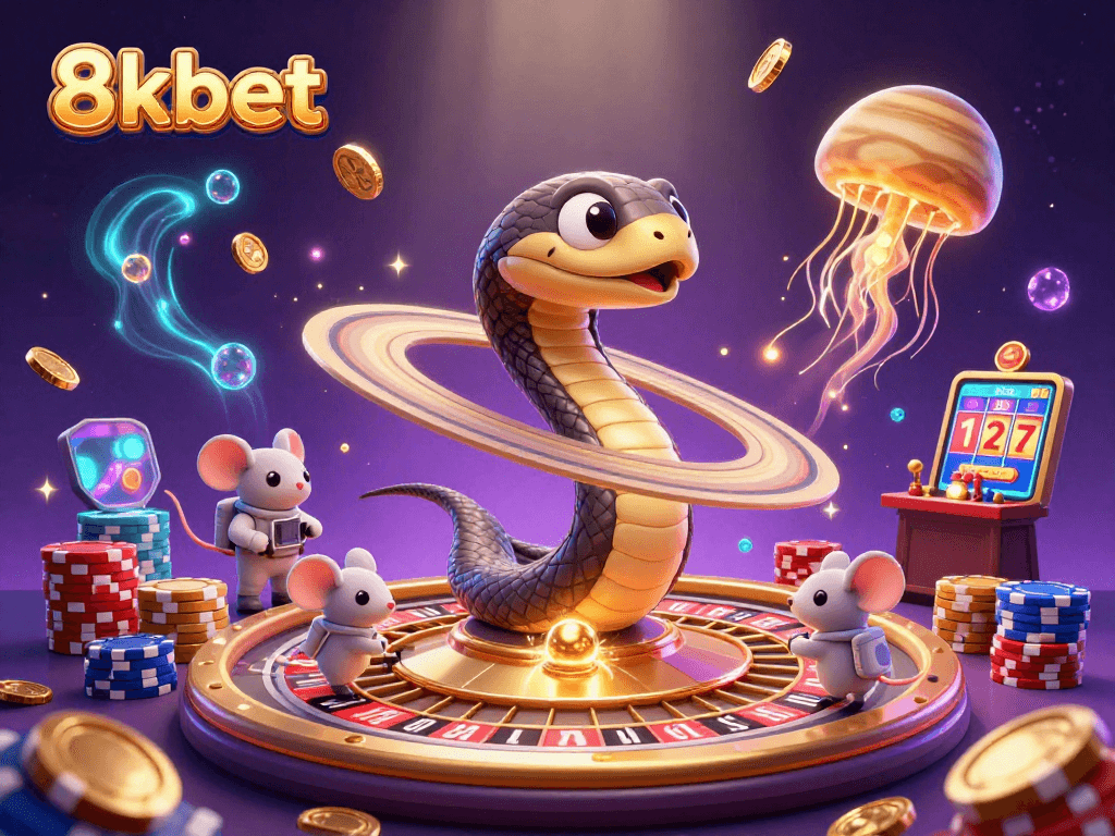 Experience 8kbet's exciting casino adventure with a cosmic roulette scene.