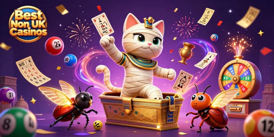 Experience the excitement of Best Non UK Casinos with a vibrant 3D illustration showcasing a mummy cat and prizes.