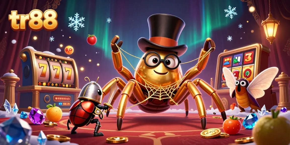 Engage with tr88's golden tarantula and beetle knight in a vibrant casino scene filled with slot elements.