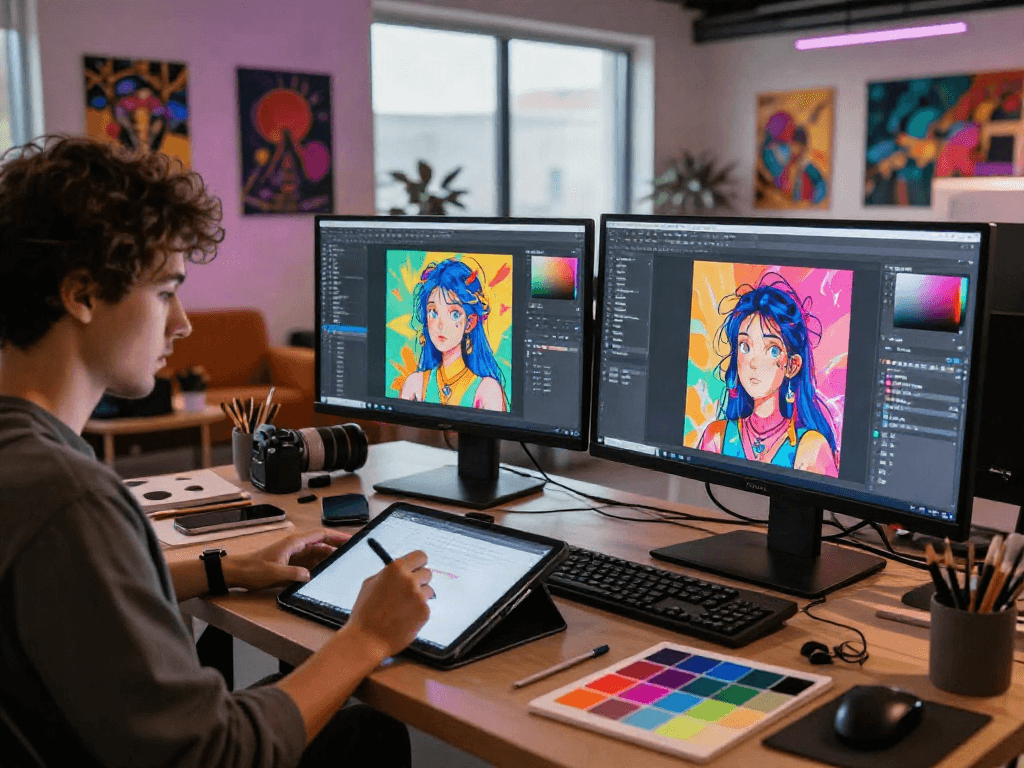 Creative digital artist at work on nsfw ai illustrations in a modern studio.