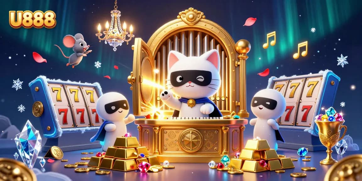 Experience the thrill of U888 with a vibrant casino scene featuring a white cat and mouse acrobat.