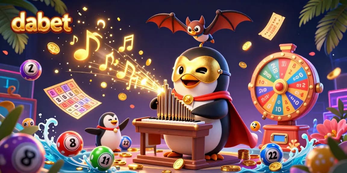 dabet engages players with a 3D cartoon penguin and dynamic lottery elements in a lively casino scene.