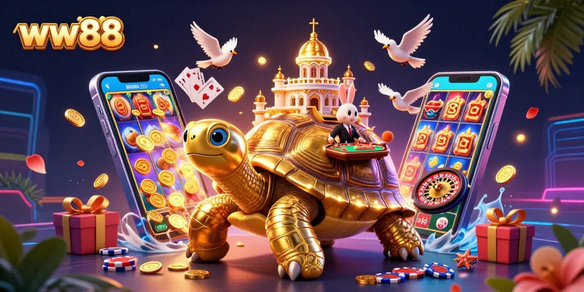 Win big with ww88 in an exciting casino scene featuring a golden tortoise and rabbit dealer.