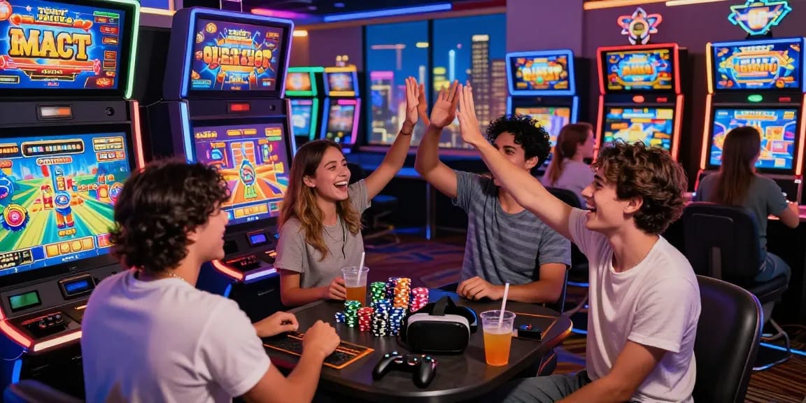 Situs Slot Gacor Asialive88 online gaming scene with friends enjoying vibrant casino atmosphere.