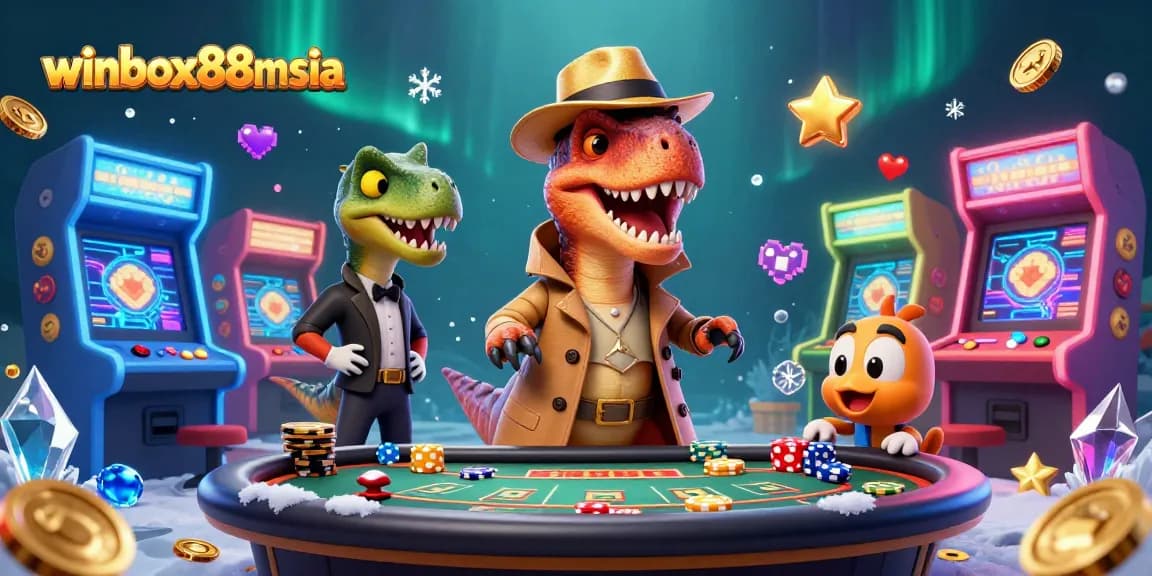 Winbox88msia features a vibrant 3D scene with a velociraptor card counter at a blackjack table.