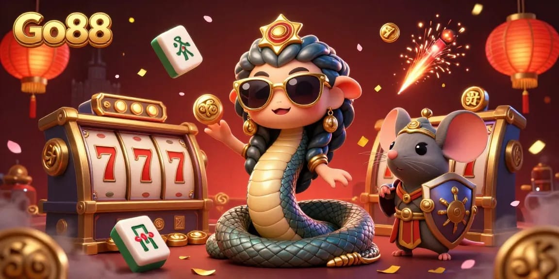 Experience thrilling casino adventures with Go88, celebrating wins with exciting slot reels and character interactions.