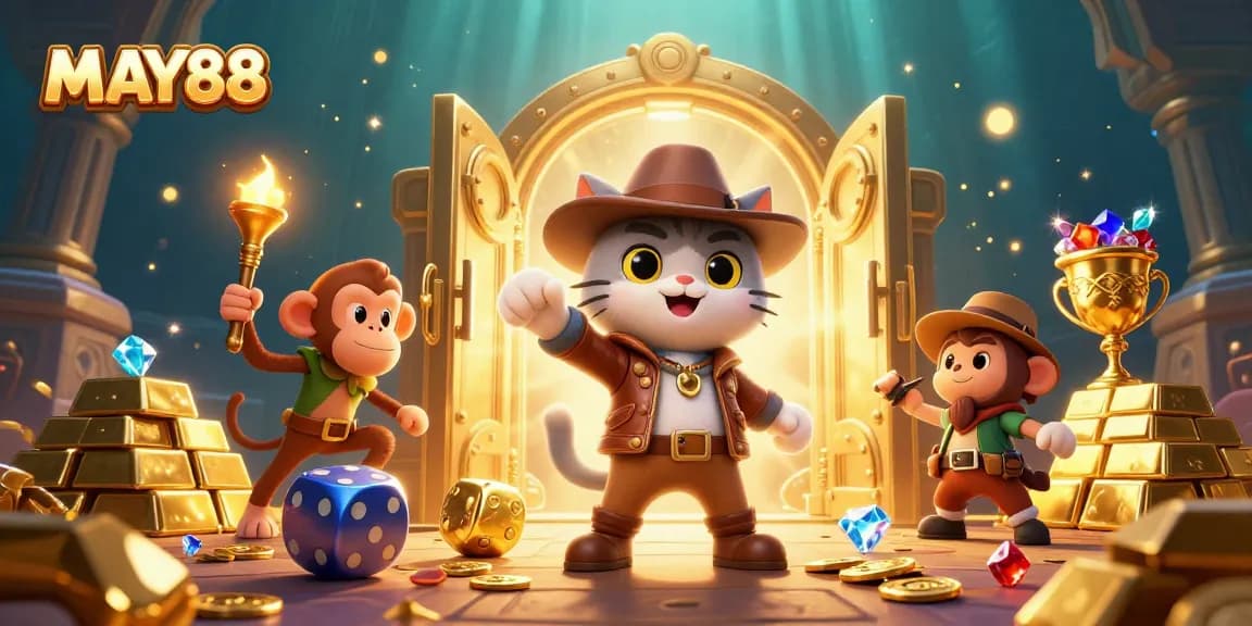 MAY88 offers an electrifying casino adventure with a cat archaeologist and monkey, discovering treasures.
