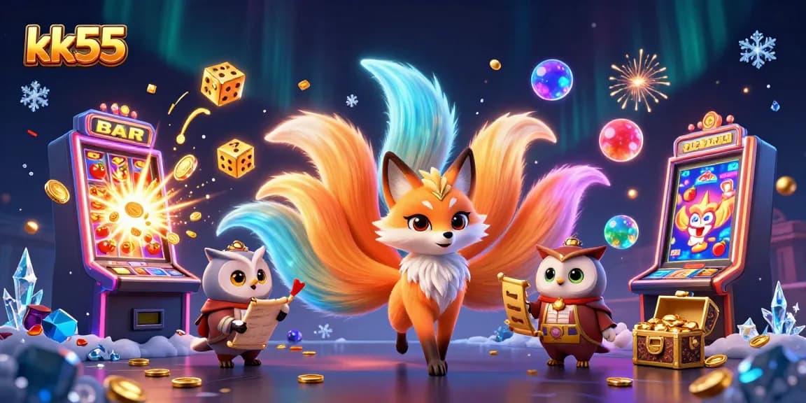 kk55 offers a dazzling jackpot experience with a magical nine-tailed fox and wise owl amidst casino excitement.
