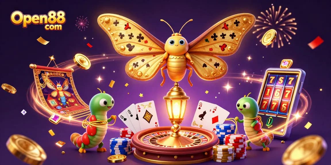 Experience the excitement of Open88 com with a vibrant 3D casino-themed illustration featuring the majestic atlas moth and dynamic gaming elements.