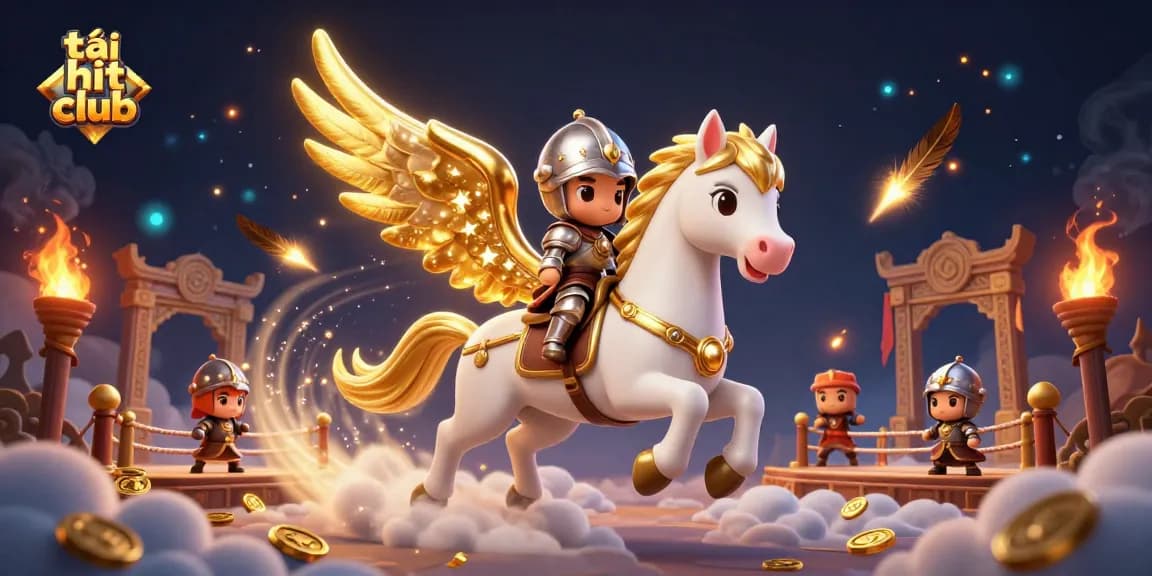 Experience the thrill of tải hit club in this dynamic 3D illustration with a celestial horse and knight.