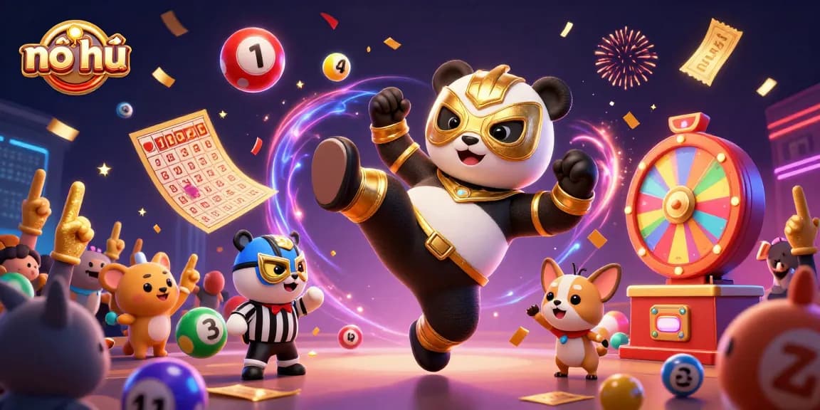 Engage in nổ hũ excitement with a vibrant 3D illustration featuring fun characters and colorful elements.