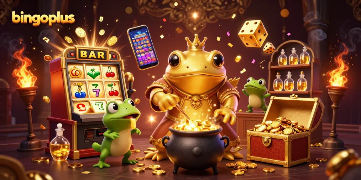 Experience the excitement of bingoplus with a vibrant 3D casino scene filled with gold coins, slot machines, and joyful characters.