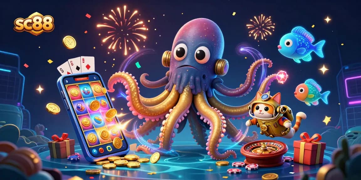 Engage with sc88's vibrant 3D chaos featuring a kraken, a diving cat, and casino elements, all immersed in excitement.