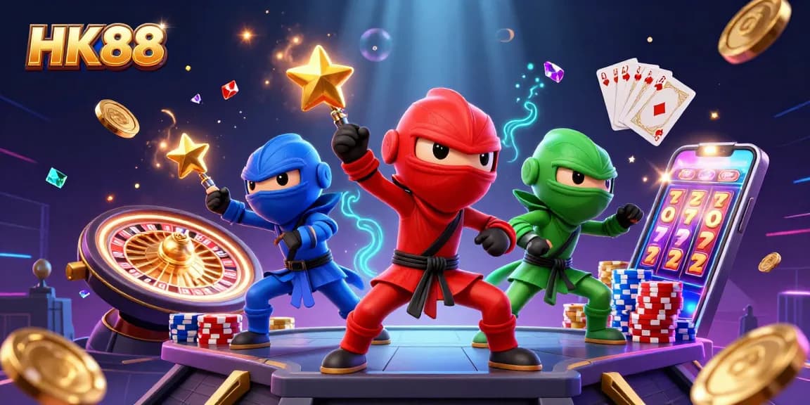 HK88 showcases thrilling moments of chameleon ninjas amidst flying coins and vibrant casino elements.